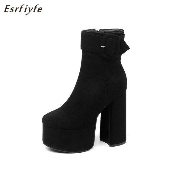 

esrfiyfe 2020 new microfiber women boots thick heels ankle boots for women round toe winter shoes high heel platform, Black