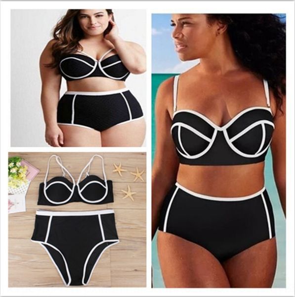 

split ladies fat woman large size plus fat hard bag solid color bikini swimsuit high waist bikini swimsuit, White;black