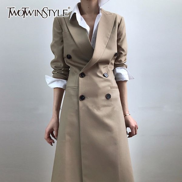 

twotwinstyle tunic long trench coat female lapel collar double breasted slim basic windbreaker spring fashion ol clothing 2019, Tan;black