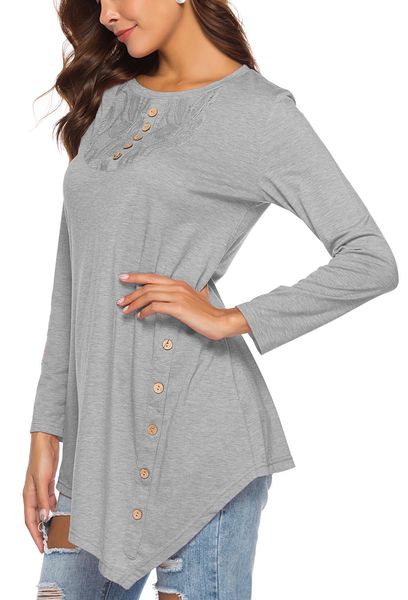 

women's clothing solid color buttons irregular hem dress t-shirt, White