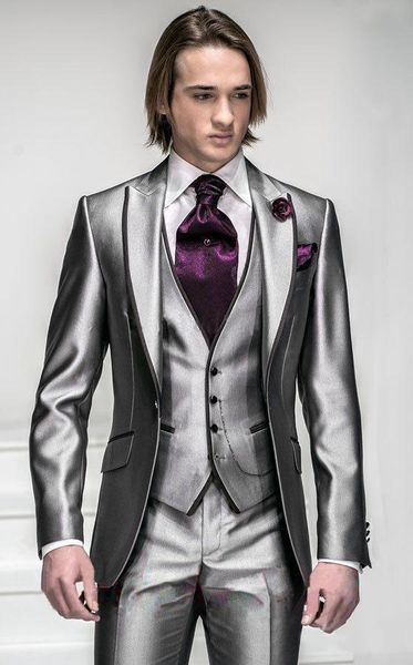

fashion silver grey groom tuxedos peak lapel groomsmen mens wedding dress handsome man jacket blazer 3 piece suit(jacket+pants+vest+tie) 915, Black;gray