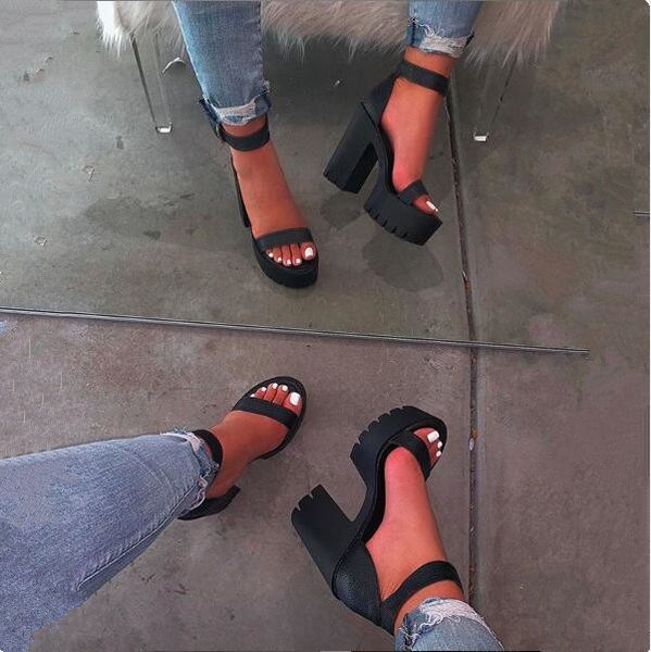 

студент-специфический открытый дикий конфеты цвет тапочки летние модные женские туфли на высоком каблуке сандалии клин кожаные пляжные санда, Black