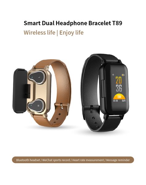 

watch tws headset heart bracelet headphone fitness bracelet smart wireless sports t89 rate pqqfw, Slivery;brown