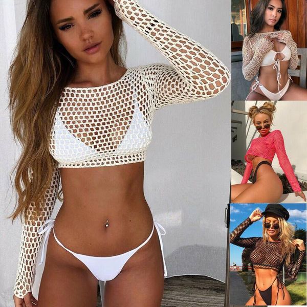 

women long sleeve mesh see-through bikini cover up shirt blouse beach swimwear