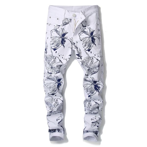

2019 designer white denim jeans for men casual printed jeans fashion elastic calÃ§a masculina brand clothes, Blue