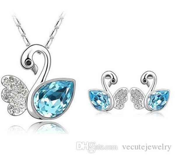 

cute 18k white gold plated ausrtrian crystal swan necklace earrings jewelry sets for women made with swarovski elements wedding jewelry set, Black