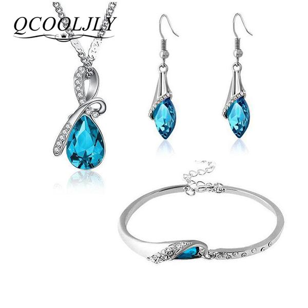 

earrings & necklace qcooljly fashion water drop silver color jewelry set for women bracelet blue crystal elegant sets
