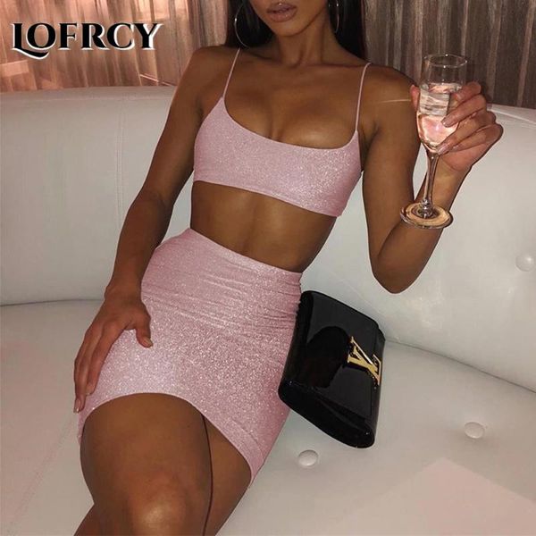

lofrcy crop skirt set skinny party club outfits glitter 2 piece set women high waist sleeveless strap two piece, White