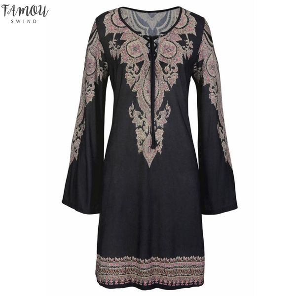 

платье холтер шея boho печать сарафан с длинным рукавом повседневное пляжная повседневной моды нового платье jul19, Black;gray