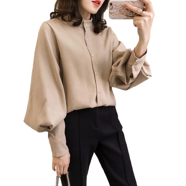 

plus size lapel business casual women shirt blouse button soft chiffon solid spring autumn loose puff sleeve, White