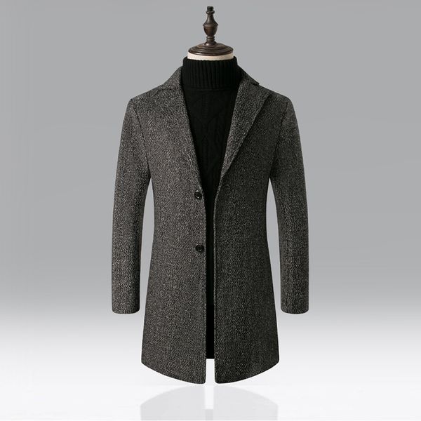 

men's wool coat winter warm solid color long trench jacket men blends coats men's wool coats blend male casual overcoat parka, Black