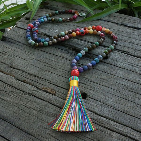 

8mm color mixing frosted fire agate and china beads necklace, retro japamala, 108 bead mala, mala jewelry, mala prayer beads, Silver