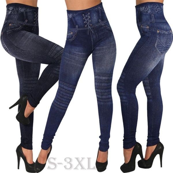 

2019 women jeans leggings blue striped print leggings women imitation jean slim fitness elastic seamless, Black