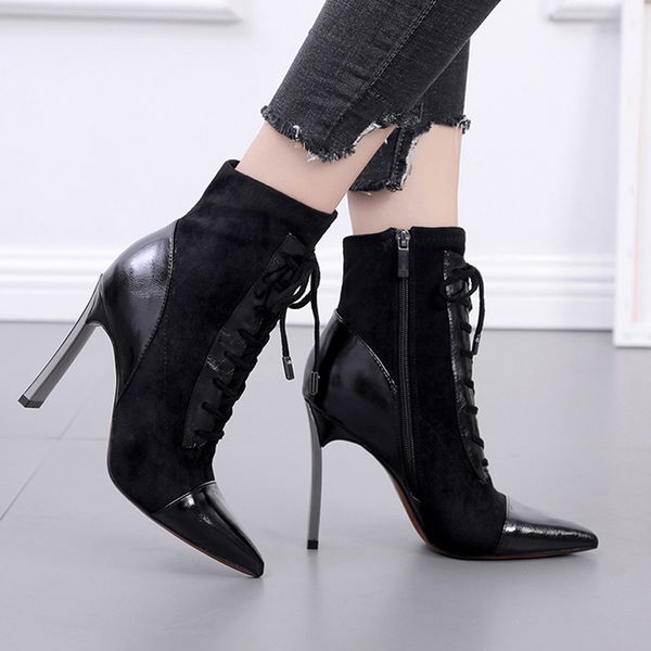 

women's pointed toe ankle boots for women patchwork ladies high heels elegant stiletto heel zipper cross lace-up short boot, Black