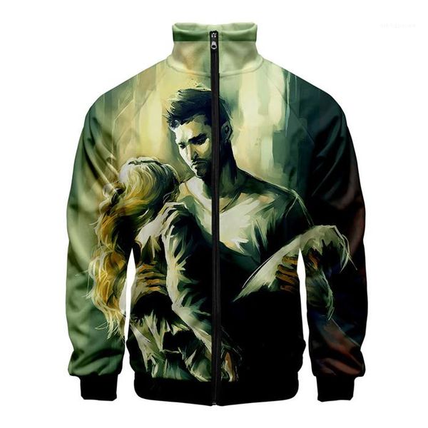 

zipper double sided printing long sleeve casual mens coat 3d print stand collar pocket jackets, Black;brown
