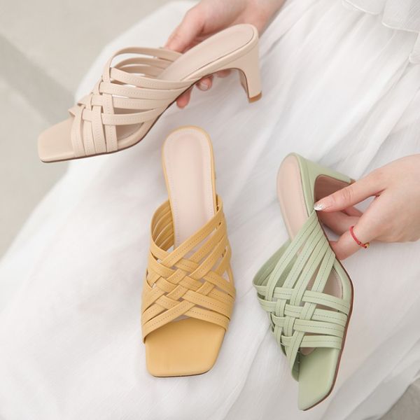 

kmeioo square heel slip on shoes for women slippers high heel pumps new summer beach ladies slides bohemian female dress shoes, Black