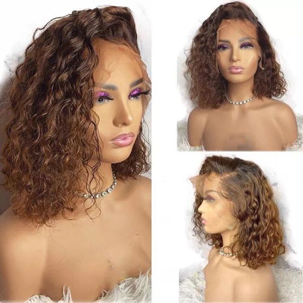 

13*6 180% 30# colored lace front human hair wigs mid-length jerry curly bob short wig pre plucked lace front wigs remy brazilian, Black;brown