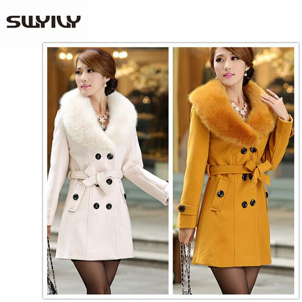 

swyivy winter women woolen coats big fur collar long design 2018 new female warm slim casual jacket large size woman coat 5xl, Black