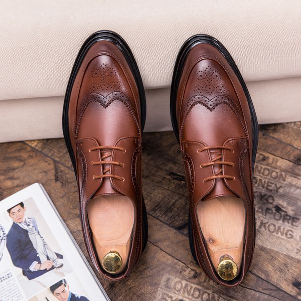

leather shoes male shoes brock carved business casual wedding black pointed tie