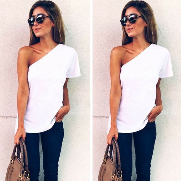 

2020 жаркое лето тенниски женщин сыпучие одно плечо tops casual белая футболка, White