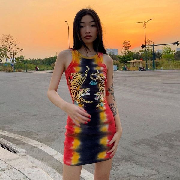 

womens designer tiger print dresses fashion colorful sleeveless casual desses contrast color bodycon dress women clothes, Black;gray