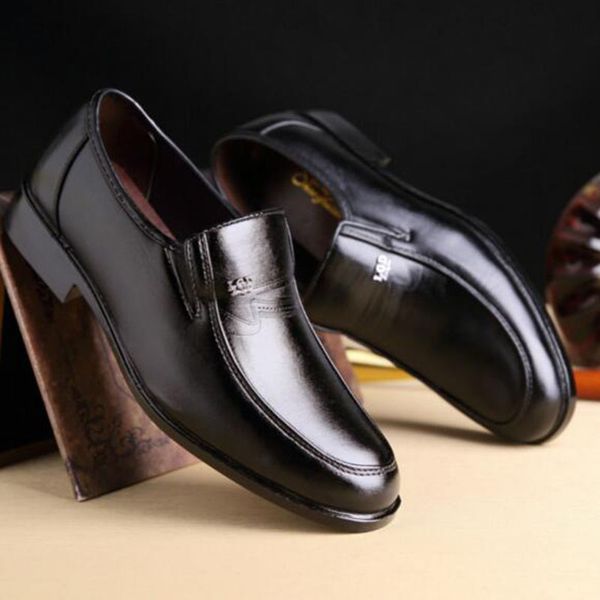 

spring autumn business men genuine leather shoes pointed toe solid color breathable massage non-slip slip-on loafers, Black