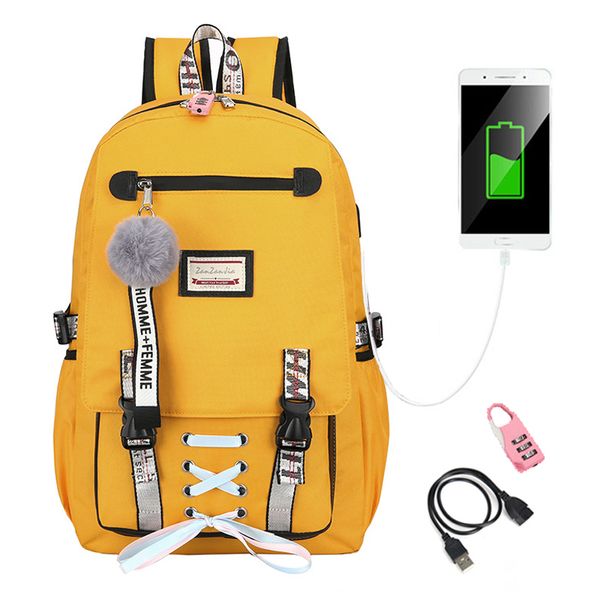 

2019 anti-theft backpack usb school bags for girls teenager yellow backpacks college large daypack travel shoulder bag with lock