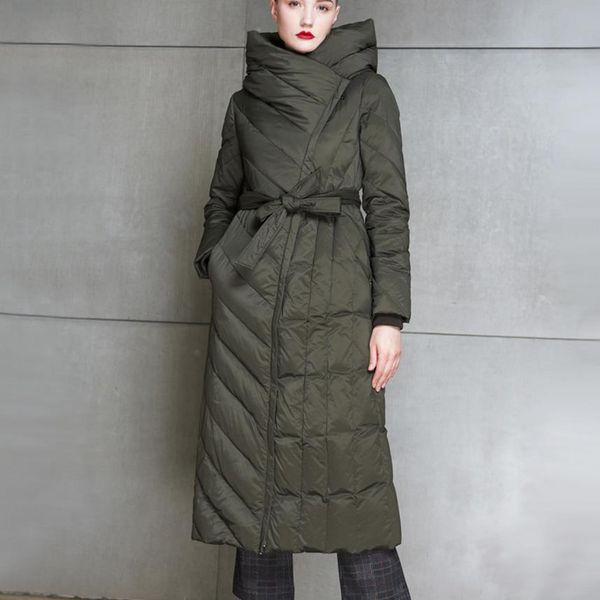 

2018 new arrival long sleeve hooded winter down coat long design slim plus size women white down jacket, Black