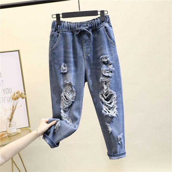 

4xl boyfriend jeans for women loose hole ripped high waist jeans women casual streetwear denim harem pants plus size q1750, Blue