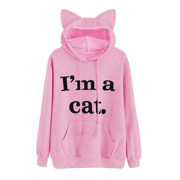 

kawaii letter cat ear cap hoodies women i am a cat print loose hooded sweatshirts 2018 cute long sleeve pullovers sudadera mujer, Black