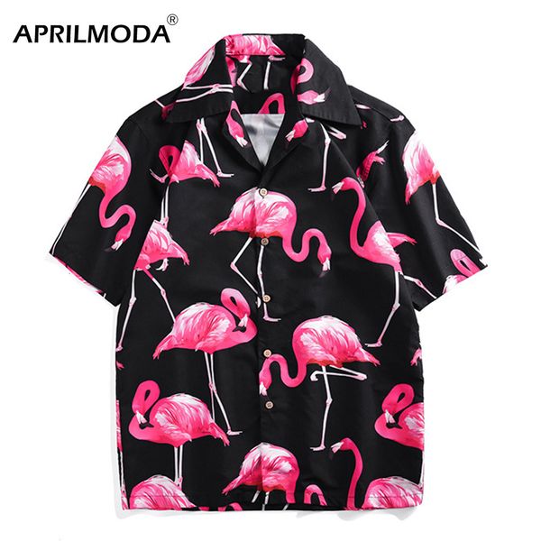 

2019 slim fit shirt men's clothing short sleeve mens dress shirts summer hawaii casual male flamingo print harujuku beach shirt, White;black
