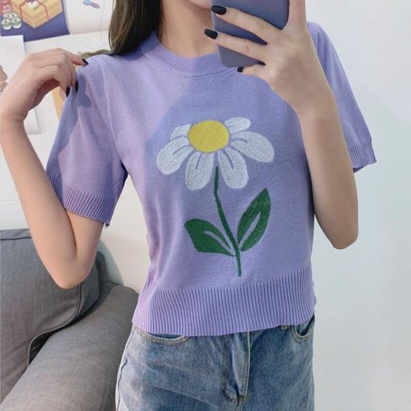

women's t-shirt women o-neck knitted short sleeve floral thin cropped t-shirts girls elastic tshirt tees crop ljm4110, White