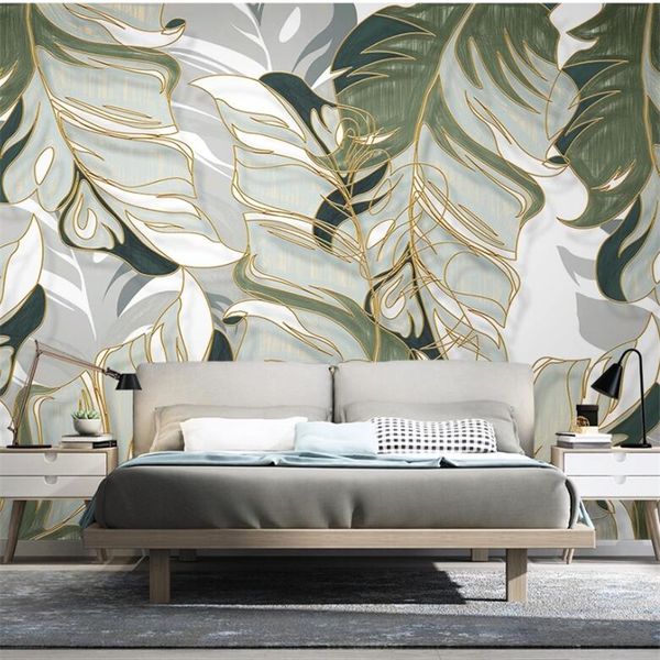 

nordic hand-painted tropical plants leaves lines light tv background wall painting custom large mural wallpaper