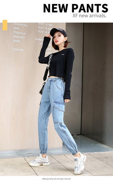 

violet high waist jeans female loose straight show thin many pockets, Blue