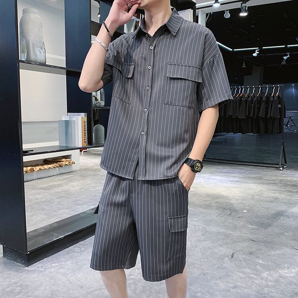 

3xl oversized double pockets front shirt and shorts two pieces set summer new shorts 2 pcs clothes for men plus size xxxl, Gray