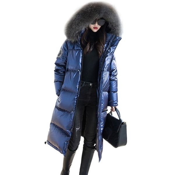 

raccoon fur collar winter down coats women 2019 long jackets fashion bright hooded parka down jacket female outerwear warm pl21, Black
