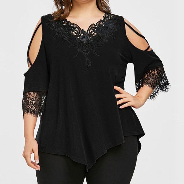 

off shoulder v neck tunic women lace shirts three quarter sleeve ladies summer blouses 2019 fashion plus size loose female, White