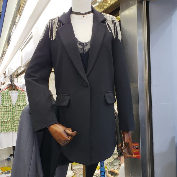 

new fashion autumn shoulder diamond tassel black suit jacket solid color women's suit blazer coat lady's loose outwear, White;black