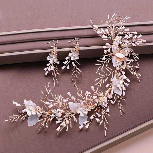 

gold crystal beads headband earrings set simulated pearl flower tiaras jewelry sets wedding bridal hair ornaments headpiece xh, Slivery;golden