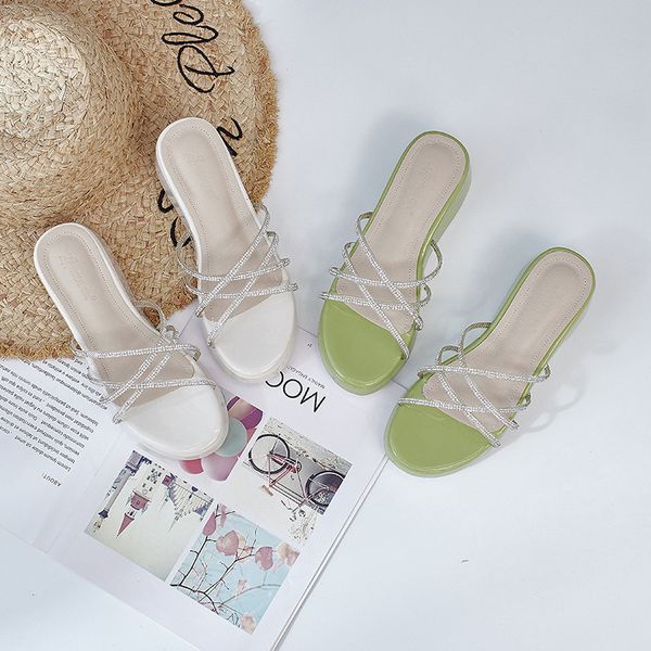 

shoes on a wedge woman's slippers rubber flip flops candy colors platform low med glitter slides shose women cross-tied 2020, Black