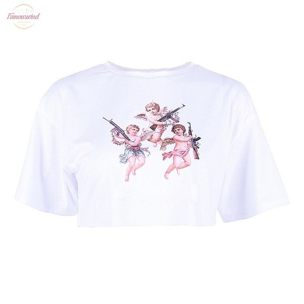 

fashion angel cupid print crop 2020 print summer women short sleeve o neck loose t shirts tees female streetwear, White