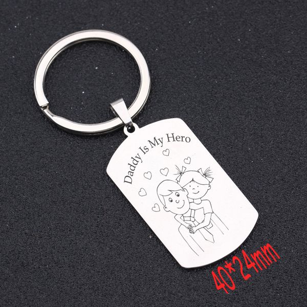 

stick figure father and daughter engraved daddy is my hero keychain for father's day gift men exclusive key ring charm tag, Silver