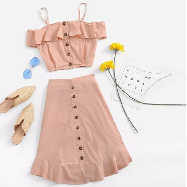 

two piece set women sets sleeveless solid suspender short mini skirt button 2019 new women outfit female suit may23 p35, White