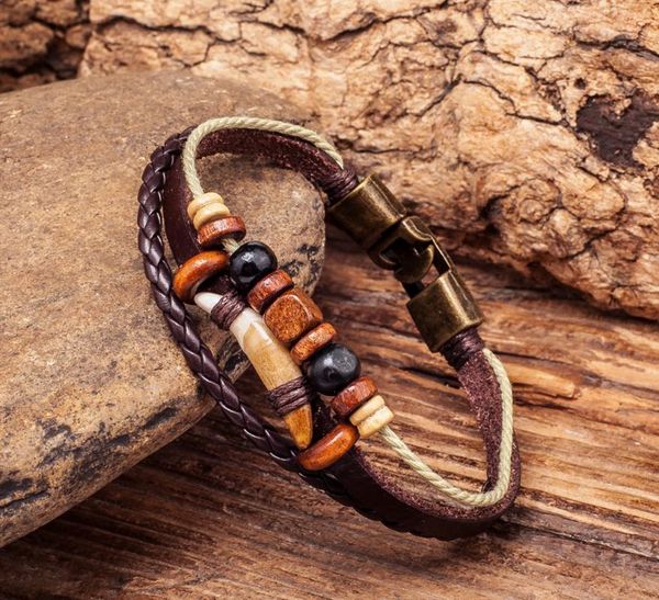 

g276 brown cool surfer beach leather wood beads tribal tooth bracelet wristband cuff men's, White