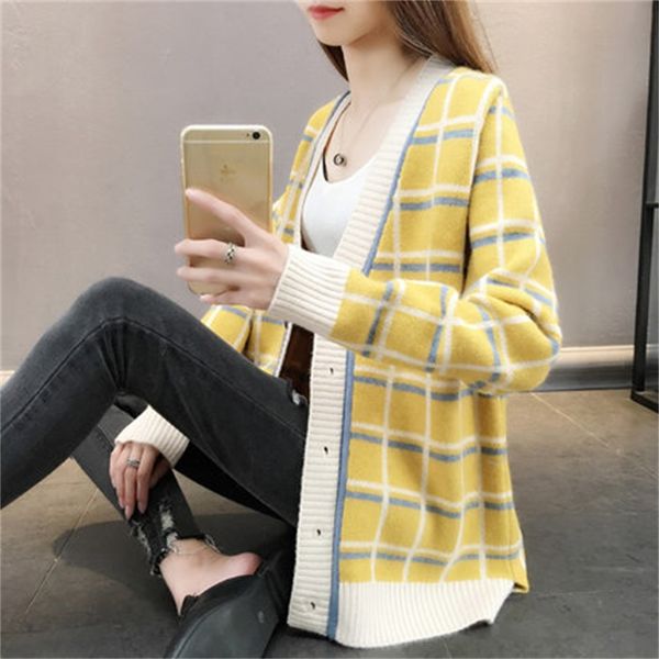 

sweater jacket women's new autumn loose long sleeves spring and autumn plaid knit single-breasted cardigan tb181217, White;black