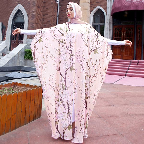 

casual muslim abaya print maxi dress bat sleeve cardigan long robe gowns festival ramadan party worship service islamic clothing, Red