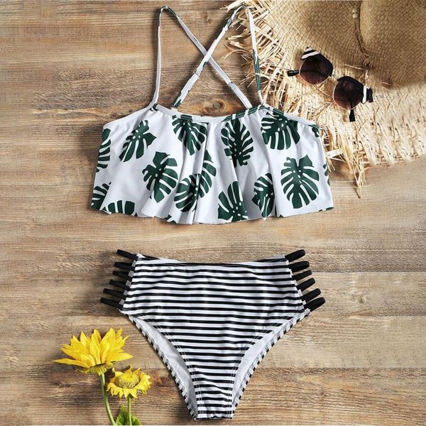 

women print swimsuit off shoulder ruffel push-up padded bra beach bikinis summer pleated vrouwen beachwear swimwear #yl5