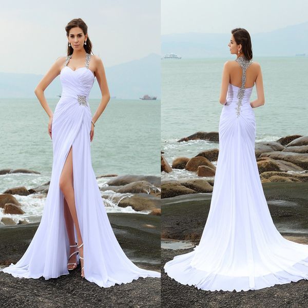 

sheath/column straps beading sleeveless long chiffon beach wedding dresses front slit white crystals bridal dress vestidos de noiva