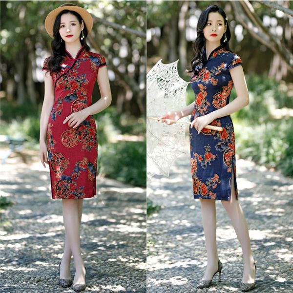 

5xl chinese dress satin print black lace trim qipao dresses women clothing cheongsam modern vestido chino mujer knee qipao, Red