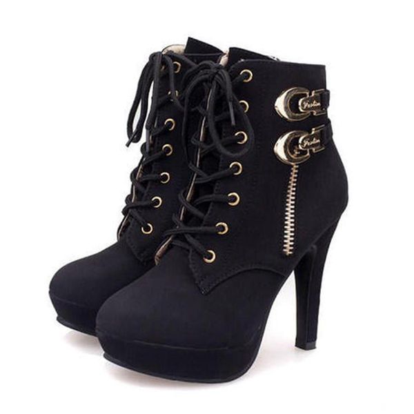 

2019 spring new women's high heel stiletto lace up zipper leather platform buckles charms fashion brown black ankle boots
